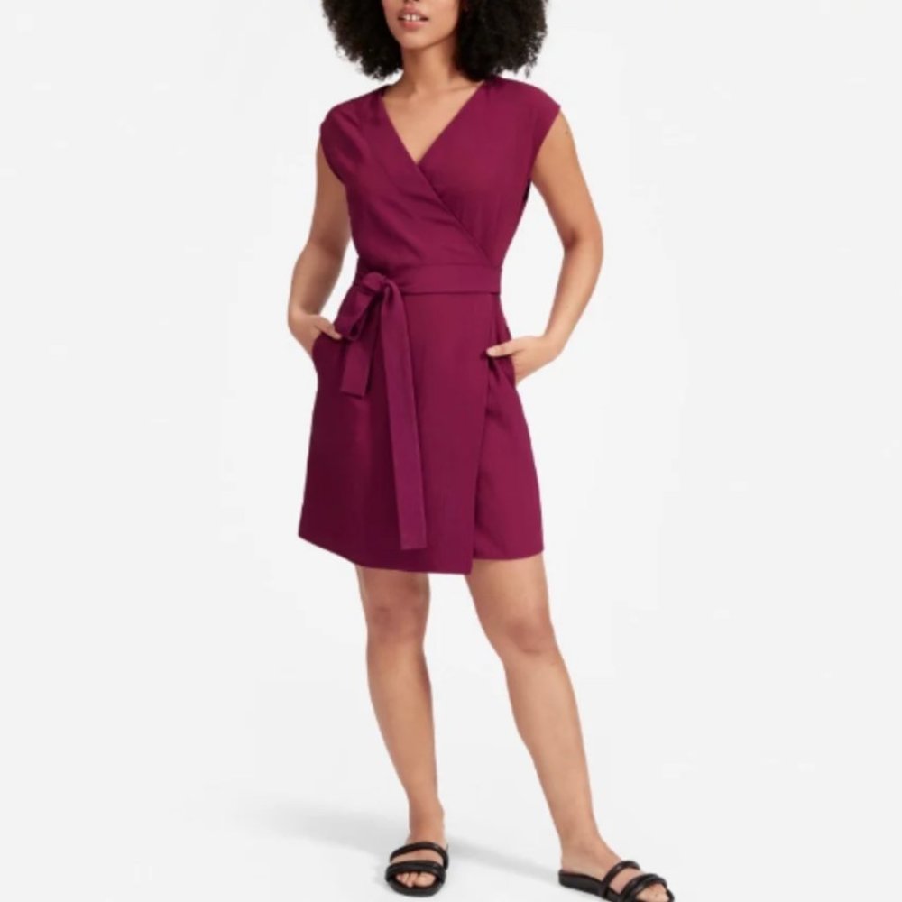 Everlane Short Sleeve Mini Wrap Dress Japanese GoWeave Berry